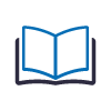 Book An icon of an open book, symbolizing reading, learning, or literature. It features a simple, minimalist design with blue and black lines.